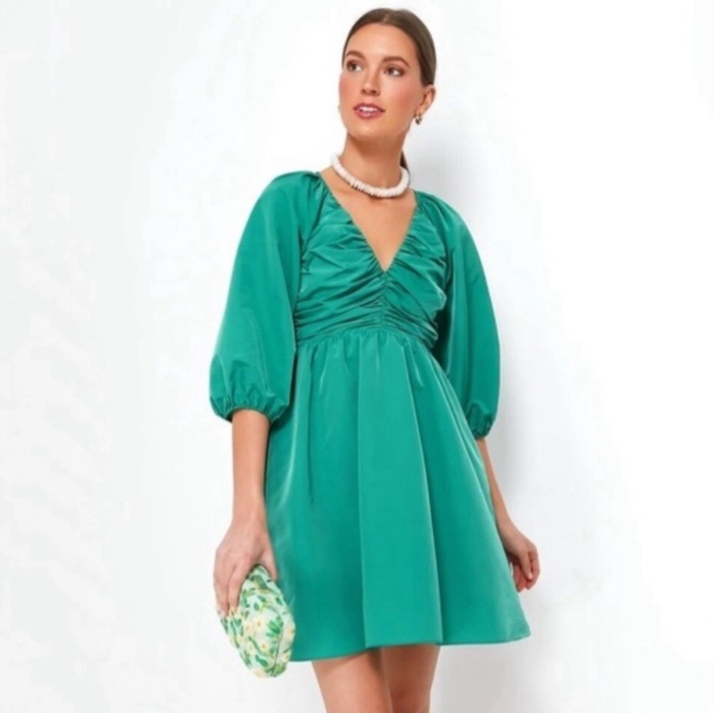 Tuckernuck Hyacinth House Genevieve Ruched Puff Sleeve Mini Dress In Emerald
